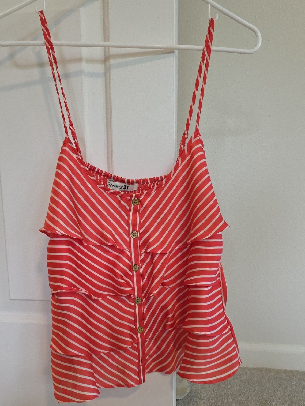 Forever 21 Coral and White Striped Ruffle Button-Front Cami